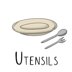 Tableware cup fork spoon on white background with black lettering