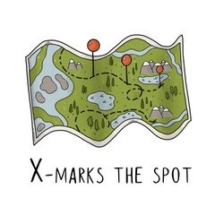 Route, points on the green map mountains, water, forest on a white background