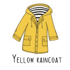 Yellow raincoat on a white background with black lettering