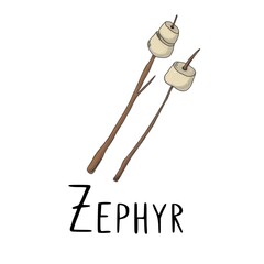 White marshmallows on two brown branches for cooking on a campfire on a white background