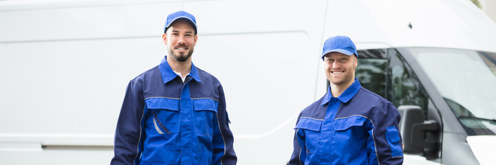 Happy Male Workers Holding Toolboxes