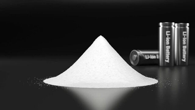 Pile of lithium-rich salt material from deposits for Li-ion battery manufacturing in EV industry, Lithium hexafluorophosphate extract from rechargeable energy cell in recycling process 3D animation