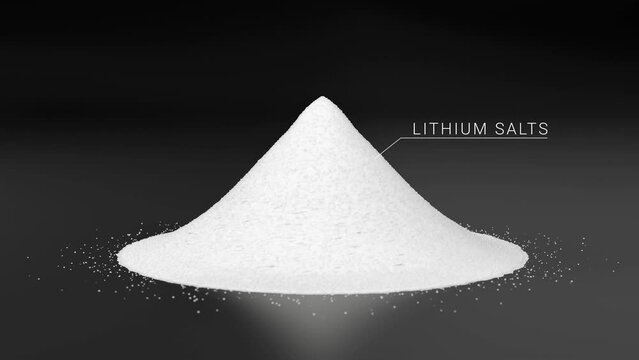 Pile of lithium-rich salt material from deposits for Li-ion battery manufacturing in EV industry, Lithium hexafluorophosphate extract from rechargeable energy cell in recycling process 3D animation