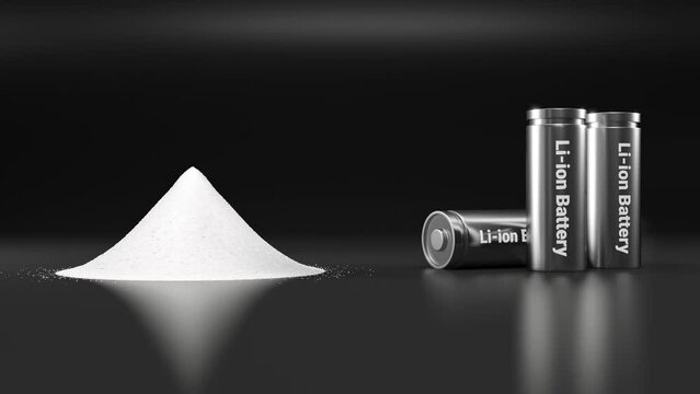 Pile of lithium-rich salt material from deposits for Li-ion battery manufacturing in EV industry, Lithium hexafluorophosphate extract from rechargeable energy cell in recycling process 3D animation