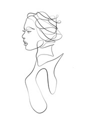 A portrait of a woman is drawn in one line art style. Printable art. Tattoo design.