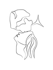 A couple kissing on forehead is drawn in one line art style. Printable art. Tattoo design.