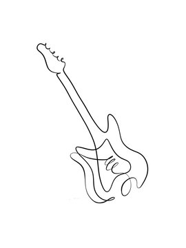 A electrical guitar is drawn in one line art style. Printable art. Tattoo design.