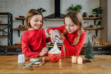 Two teenage girls wearing in red sweaters making cocoa