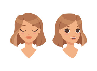 Pretty Woman Character Face with Short Haircut with Different Emotion Vector Set