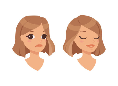 Pretty Woman Character Face with Short Haircut with Different Emotion Vector Set