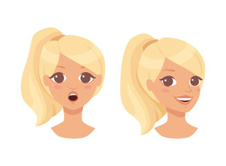 Pretty Blond Woman Character Face with Ponytail with Different Emotion Vector Set