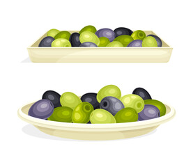 Olive Green and Black Pitted Fruit Rested on Plate Vector Set