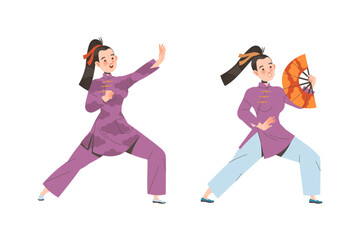 Fototapeta na wymiar Young Woman Character in Kimono with Fan Practicing Tai Chi and Qigong Exercise Vector Set