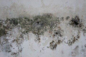 A weathered concrete wall with cracks and peeling paint, showing signs of age and decay.