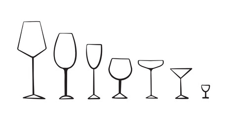 Set of glasses for alcohol drinks. Hand drawn objects isolated on white background. Vector illustration.