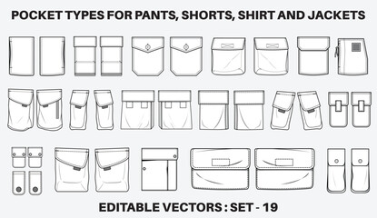 Patch pocket flat sketch vector illustration set, different types of Clothing Pockets for jeans pocket, denim, sleeve arm, cargo pants, dresses, bag, garments, Clothing and Accessories