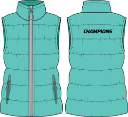 Womens Quilted Puffer gilet jacket design flat sketch Illustration, Sleeveless Down puffa Padded jacket with front and back view, Soft shell winter jacket for girls and ladies for outerwear in winter © JERZEY DESINZ
