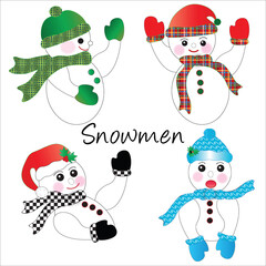 Four fun graphic snowmen wearing their winter apparel for the Christmas Holidays.  Isolated on white background.