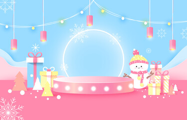 Podium for placing products. blue and pink background.paper cut. Christmas Day, snowman, gift box.