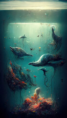 Fototapeta premium Abstract digital painting of fish and sea creatures swimming in the ocean marine life blue, turquoise, orange small fish fantasy fairy tale drawing illustration high quality wallpaper background water