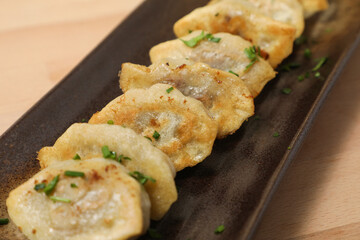 Gyoza Japonais Grillés à la Poêle (Yaki-Gyoza) garnis de Ciboulette Fraîche

