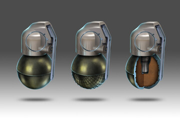 Collection of realistic fragmentation grenades RGN and RGO. 3d illustration on a light background