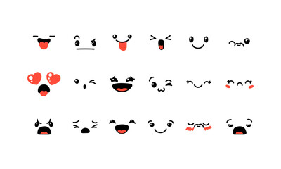 Various Cartoon Emoticons Set. Doodle faces, eyes and mouth. Caricature comic expressive emotions, smiling, crying and surprised character face expressions