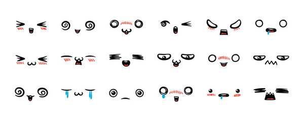 Various Cartoon Emoticons Set. Doodle faces, eyes and mouth. Caricature comic expressive emotions, smiling, crying and surprised character face expressions