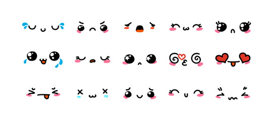 Various Cartoon Emoticons Set. Doodle faces, eyes and mouth. Caricature comic expressive emotions, smiling, crying and surprised character face expressions