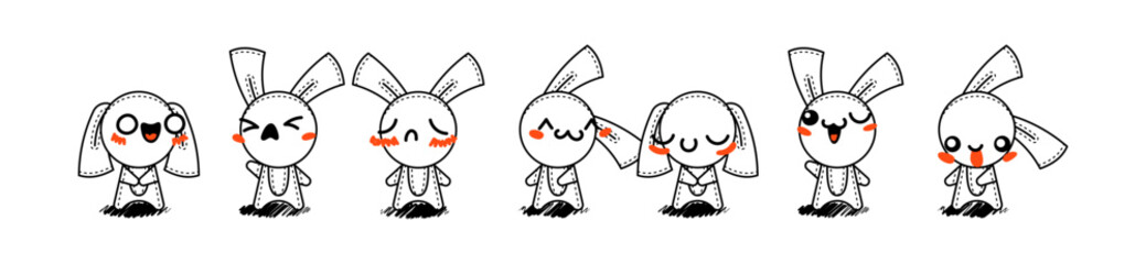 Outline Cartoon Rabbits. Emoticons, doodle faces, eyes and mouth. Caricature comic expressive emotions, smiling, crying and surprised character face expressions