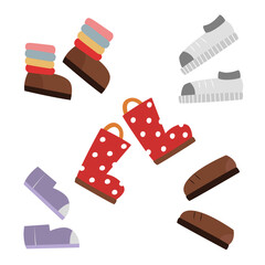 Collection of children's shoes. Simple cartoon flat illustration. Cute children's autumn boots, rubber boots, sneakers. A set of clipart for educational baby games and books.