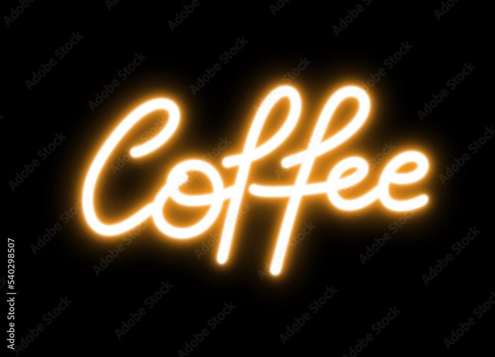 Poster coffee text in neon light for design element. orange bulb neon light isolated background