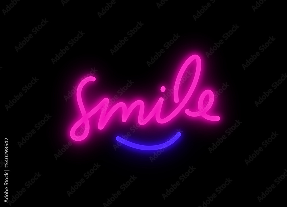 Poster smile text in neon light for design element. pink and blue bulb neon light isolated background