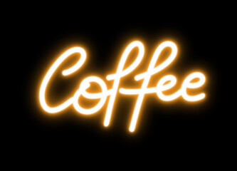 coffee text in neon light for design element. orange bulb neon light isolated background