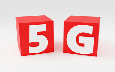 Inscription red cube 5g on white smooth background, soft light, 3d rendering
