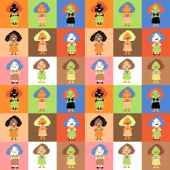 Seamless many colored children pattern. Green and red cartoon kindergarten girls squared background. For child textile and wrapping or gift paper. Cover books. 
