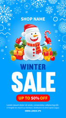 Christmas and New Year winter sale advertising banner template. Happy snowman with Santa hat, warm scarf, gifts, fir tree branches. Frame of snowflakes on blue background. 3d vector illustration