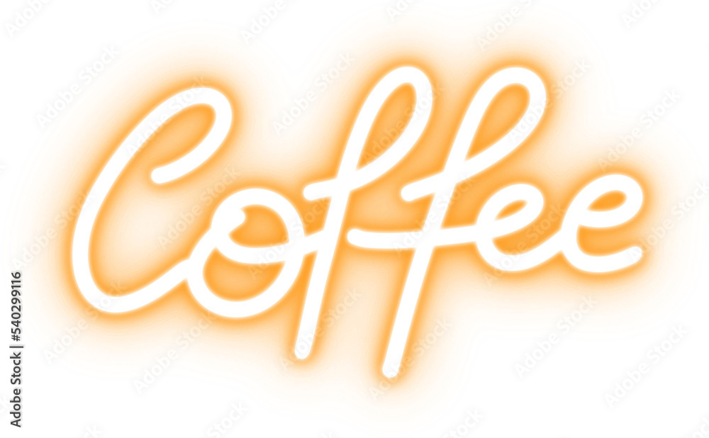 Poster coffee text in neon light for design element. orange bulb neon light isolated background