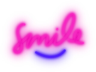 smile text in neon light for design element. pink and blue bulb neon light isolated background