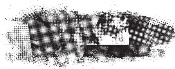 Naklejka na ściany i meble Glitch distorted grungy banner . Noise destroyed background . Trendy defect overlay texture . Glitched collage .Grunge textured . Distressed effect .Vector shape. halftone dots . Screen print texture