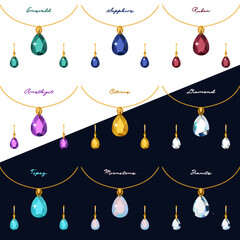 Illustration set of gold jewelry pendant on a chain and earrings with different gems