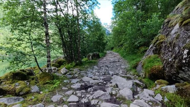 Hiking up a rocky path in Norway, Bondhus, beautiful landscape