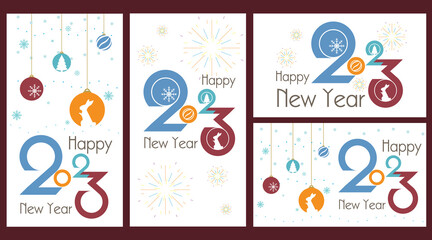 Set of 2023 New year greeting card. Typeface number logo design for celebrate 2023 new year, calendar and symbol of Christmas balls with shape of rabbit, snow flex and Christmas tree. 