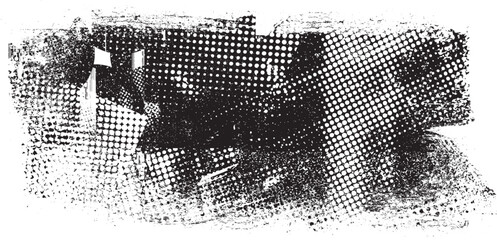 Glitch distorted grungy banner . Noise destroyed background . Trendy defect overlay texture . Glitched collage .Grunge textured . Distressed effect .Vector shape.  halftone dots . Screen print texture