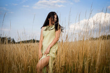 beautiful girl in a dress, standing in the field, against the background of the blue sky	