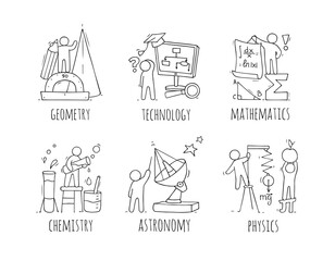 School subjects icons with hand drawn people