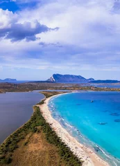 Poster Italy. Sardegnia island nature scenery and best beaches. Aerial drone panoramic view of stunning La Cinta beach (San Teodoro) with turquoise sea and sault lake © Freesurf