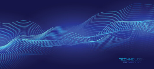 Wave music line of flowing particles abstract vector on dark blue background, smooth curvy shape circle dots fluid array. 3d shape dots blended mesh, future technology relaxing wallpaper.