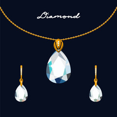 Illustration set of gold jewelry pendant on a chain and earrings with diamonds