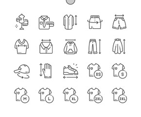 Clothes size. Tags. Waist width, sleeve length and other. Cap size. Body measurement. Pixel Perfect Vector Thin Line Icons. Simple Minimal Pictogram.
